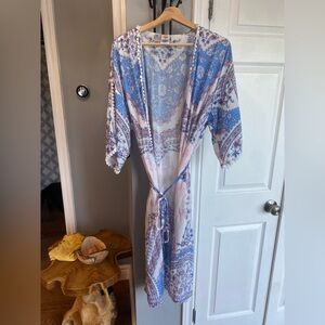 inBLOOM Blue & White Floral Print House Coat Robe with Pom Trim – Medium/Large